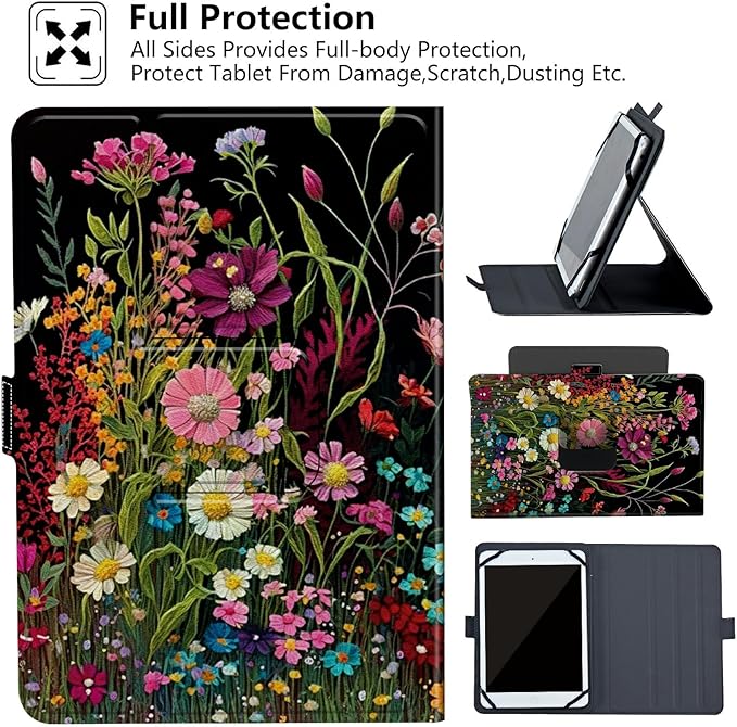Rossy Universal 10.0 Tablet Case Universal Case for 9.6-10.5 Inch Android Tablet Slim PU Leather Stand Folio Shell Cover with 360 Degree Rotatable Kickstand Multiple ViewingWildflowers