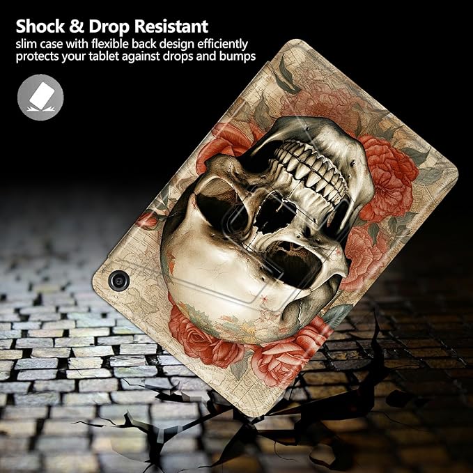 Case for Kindle Fire HD 10 Tablet (5th/7th/9th Generation2015/2017/2019 Release) Skull Roses Theme 360 Degree Rotating Stand Protective Cover with Auto Sleep/Wake for HD 10 Tablet