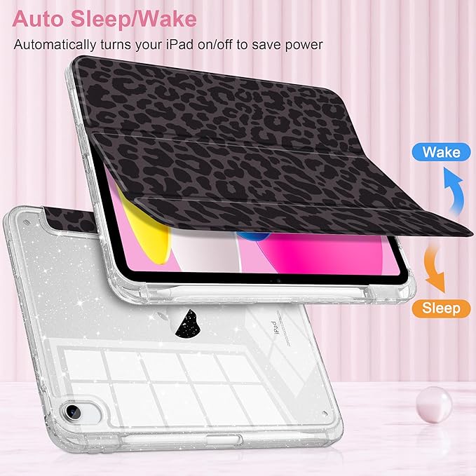 DONGKE for iPad Pro 11 inch Case – Fits M5 2025 / M4 2024 Shockproof Sparkling Glitter Acrylic Back Pencil Holder Trifold Stand Auto Sleep/Wake &amp Touch ID Support - Black Leopard