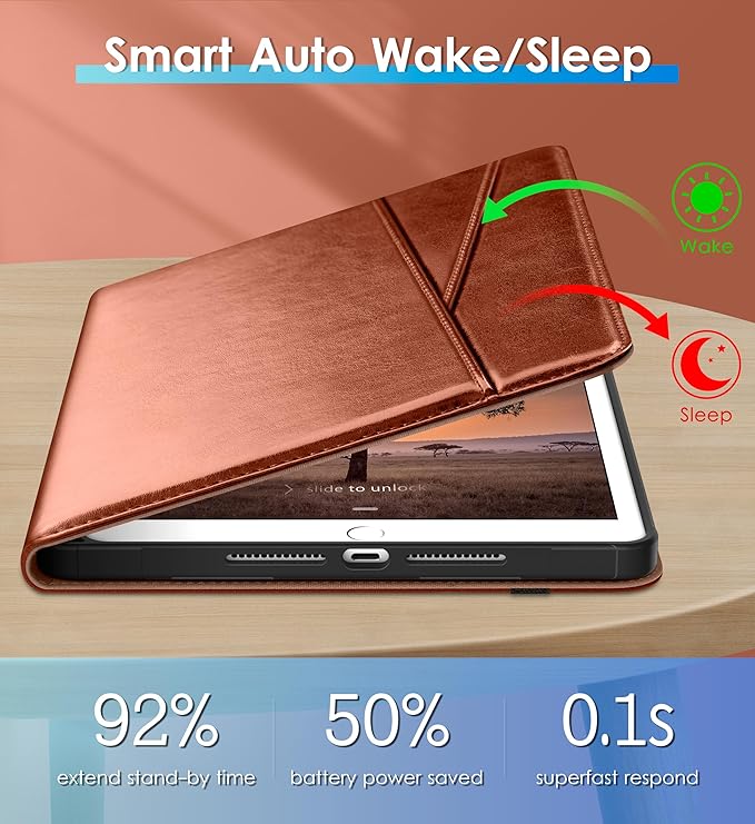 DTTO Rotating Case for iPad 9th/8th/7th Generation 10.2 Inch 2021/2020/2019 360 Degree Swiveling Premium Leather Folio Stand Cover with Pencil Holder - Auto Wake/Sleep and Hand Strap Brown