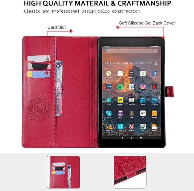 Folio Case for Fire HD 10 (9th/7th/5th Generation 2019/2017/2015 Release) Techcircle Sunflower Embossed Stand Protective Cover with Card/Cash Holder for Amazon Fire HD 10.1 Inch Tablet Red