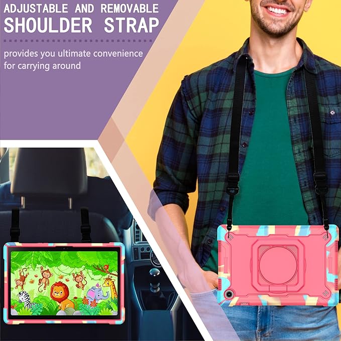 Dteck for Samsung Galaxy Tab A8 (SM-X200) Tablet Case 10.5 2022 Release Shockproof Rugged Hard Case for Kids with Rotate Handle and Kickstand Protective Cute Cover with Shoulder Strap Rainbow Rose