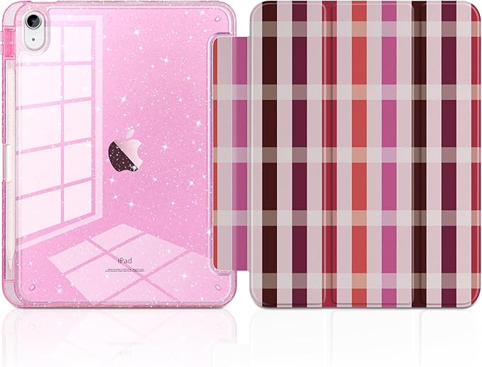 TWOLSKOO Sparkly Case for iPad Pro 11 inch (M5 2025 / M4 2024) Glitter Hard Acrylic Back with Pencil Holder Slim Trifold Stand Folio Cover Auto Sleep/Wake Tartan Pattern