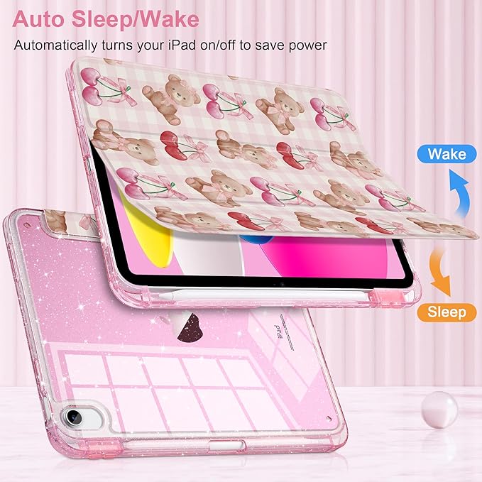 TWOLSKOO Sparkly Case for iPad Pro 11 inch (M5 2025 / M4 2024) Glitter Hard Acrylic Back with Pencil Holder Slim Trifold Stand Folio Cover Auto Sleep/Wake Cherry &amp Bears