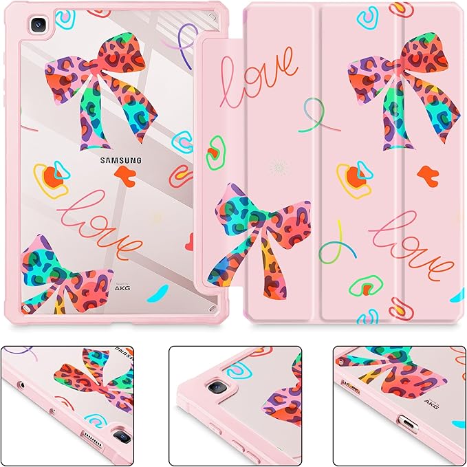Mektron Case for Samsung Galaxy Tab S6 Lite 10.4 Inch 2024/2022/2020 with S Pen Holder Multi-Angle Viewing with Shockproof Cover Clear Shell + Trifold Stand + Auto Wake/Sleep Neon Bows-Pink