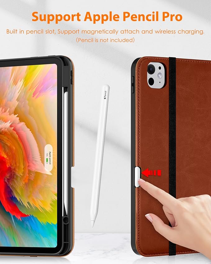 DTTO for iPad Pro 13 Inch Case (M5/M4) 2025/2024 Premium Leather Business Folio Stand Cover with Pencil Holder - Auto Wake/Sleep &amp Multiple Viewing Angles Built in Hand Strap &amp Pocket Brown
