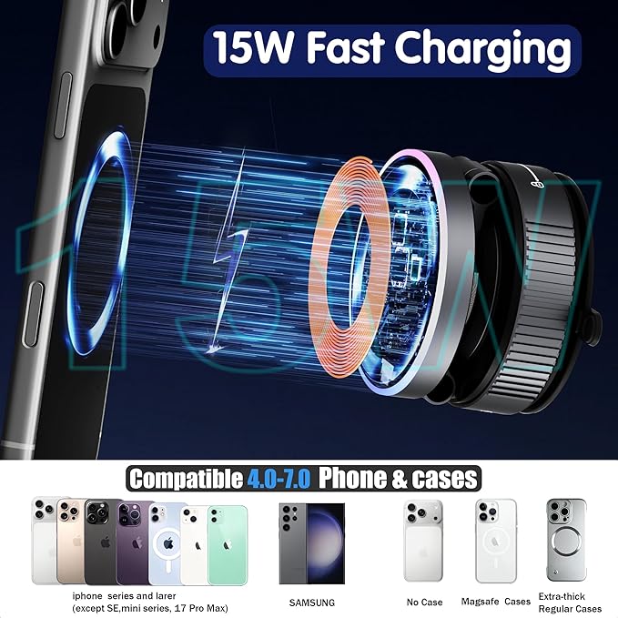 Magnetic Phone Holder for Car Wireless Charging 15W Fast Wireless Car Charger with Vacuum Suction 360° Adjustable Magnetic Mount for Dashboard &amp Windshield Hands-Free for MagSafe iPhone &amp A