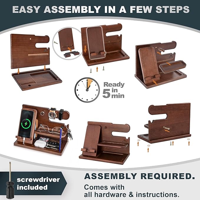 TESLYAR Wood Phone Docking Station for Men - Desk or Nightstand Organizer - Birthday Gifts for Husband or Dad - Anniversary Idea from Wife - Key Holder - Stand Wallet Watch &amp Essentials (Chestnut