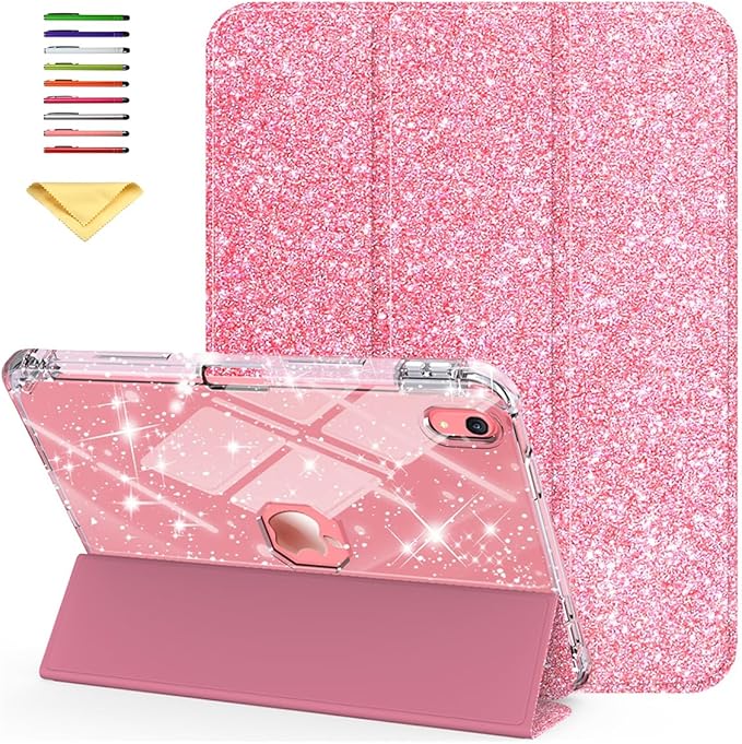 Case for iPad (A16) 11th Generation 11 inch 2025 &amp iPad 10th Generation 10.9 inch 2022 with Stand/Pencil Holder [Auto Wake/Sleep] Glitter Bling PU Leather &amp Clear Soft TPU Back Shell Pink