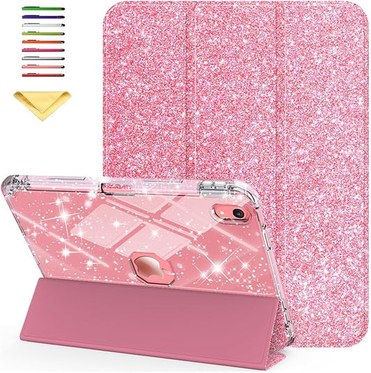 Case for iPad (A16) 11th Generation 11 inch 2025 &amp iPad 10th Generation 10.9 inch 2022 with Stand/Pencil Holder [Auto Wake/Sleep] Glitter Bling PU Leather &amp Clear Soft TPU Back Shell Pink