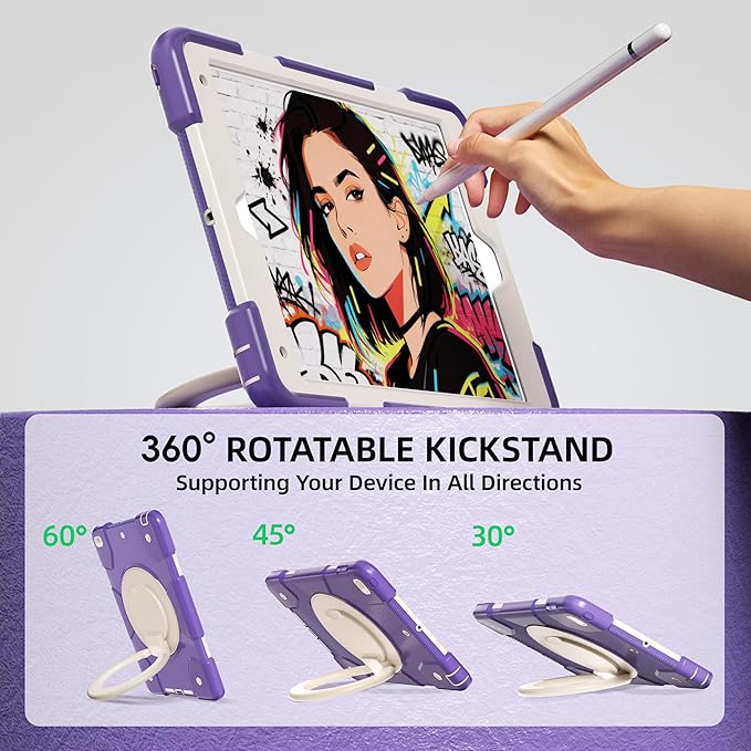 Case for iPad 9th/8th/7th Generation 10.2 inch Shockproof Cover with Screen Protector/360° Rotate Stand/Pencil Holder/Shoulder Strap Kids Case for iPad 2021/2020/2019 (Deep Purple+White)