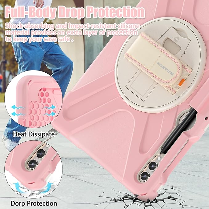 BRAECNstock for Samsung Galaxy Tab S10+ Plus/ S9 FE+ Plus/ S9+ Plus/ S8+ Plus/ S7 FE/ S7+ Plus 5G Case 12.4 Shockproof Protective Kids Cover with Rotating Hand Strap &amp Stand Pen Holder - Sakura P