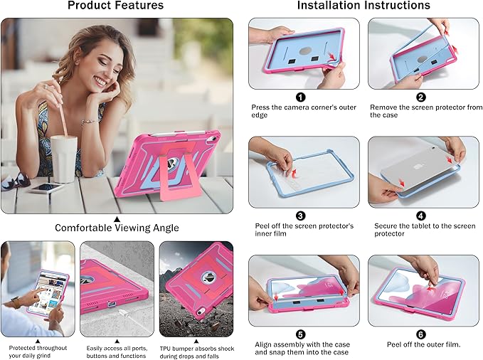 Soke Case for iPad (A16) 11th Generation 11-Inch 2025 /10th Generation 10.9-Inch 2022 with Screen Protector and Multi-Angle Kickstand Rugged Full Body Heavy Duty Protective Cover - HotPink Blue