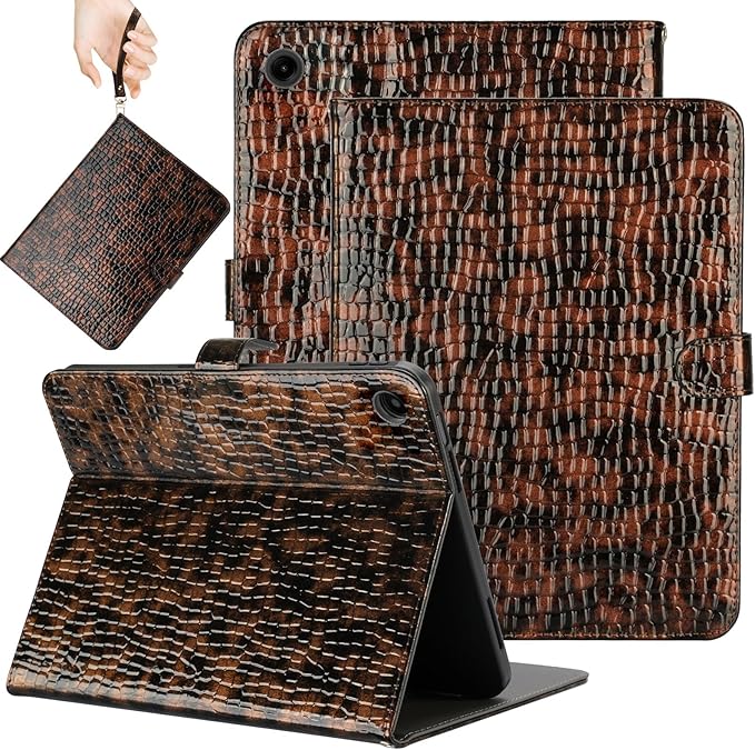 Elegant Case for Samsung Galaxy Tab A9 Plus 11 Inch 2023（Model: SM-X210/X216/X218） Premium Leather Crocodile Cover | Stand | Card Pockets| Wrist Strap| S Pen Holder (Brown+Gold)