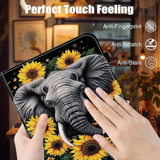 Case for iPad 9th Generation/iPad 8/iPad 7 iPad 10.2 2021 2020 2019/iPad Air 10.5/iPad Pro 10.5Card Slot PU Leather TPU Case Pen Holder Auto Wake SleepSunflower Elephant