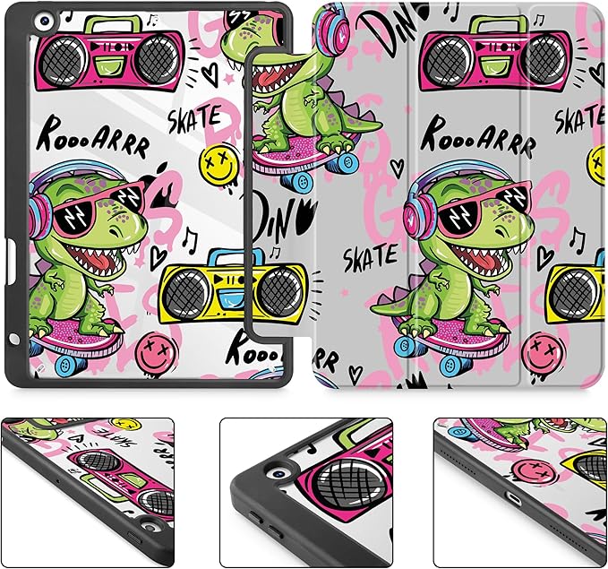 Mektron Printed Case for iPad 10.2 Inch 2021/2020/2019 for iPad 9th/8th/7th Generation Case Buit in Pencil Holder with Shockproof Cover Clear Shell + Trifold Stand + Auto Wake/Sleep Cool Dinosaur