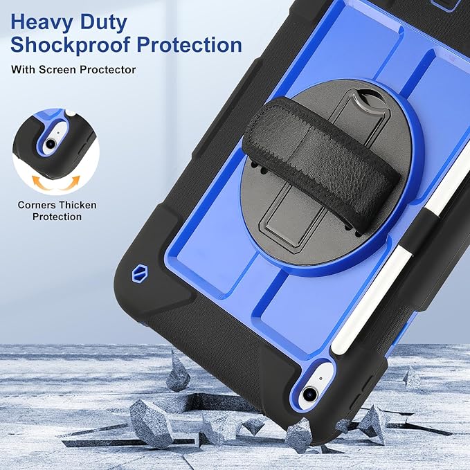 for iPad (A16) 11th Generation case11''(2025)/10th Generation case 10.9'' (2022)360°Rotatable Stand with [Screen Protector&ampPencil Holder&ampShoulder Strap] Shockproof Case (Black+Blue)