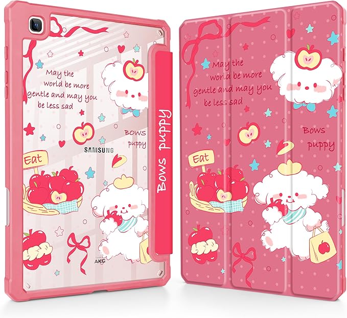 Mektron Case for Samsung Galaxy Tab S6 Lite 10.4 Inch 2024/2022/2020 with S Pen Holder Multi-Angle Viewing with Shockproof Cover Clear Shell + Trifold Stand + Auto Wake/Sleep Cute Puppy-Red