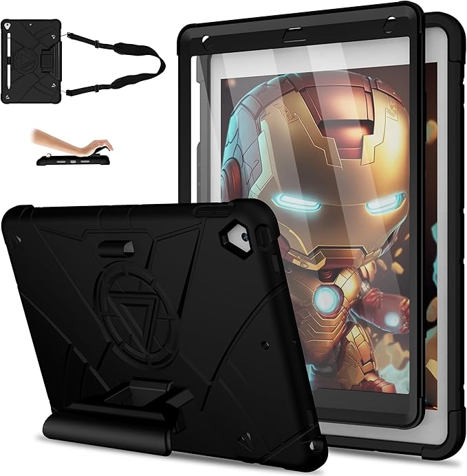 Case for iPad 9th/8th/7th Generation 10.2 inch Heavy Shockproof Cover with Screen Protector/180° Rotating Handle/Bracket/Pen Holder/Shoulder Strap Kids Case for 2021/2020/2019 (D-Black)