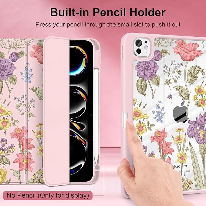 DONGKE for iPad Pro 11-Inch Case (M5 2025 / M4 2024) 6th/5th Generation [Auto Sleep/Wake &amp Pencil Pro Holder] Clear Acrylic Back Smart Trifold Stand Cover Pink Botanical Floral