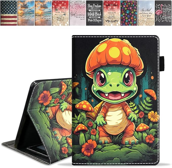 Case for Amazon Kindle Fire 7 Tablet (7 9th/7th Generation 2019/2017 Release) Slim PU Leather Cover with Card Slot &amp Auto Wake/Sleep Cute Little Dinosaur and Mushroom