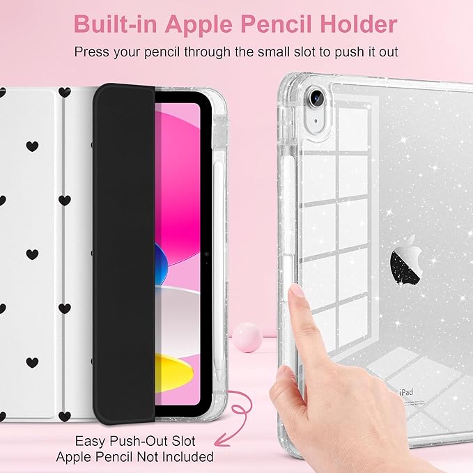 MEEgoodo Case for iPad A16 11th Generation 2025/10th Generation 2022 Glitter Tablet Cases with Transparent Acrylic Back+Trifold Stand +Pencil Holder+Auto Wake/SleepBlack Hearts
