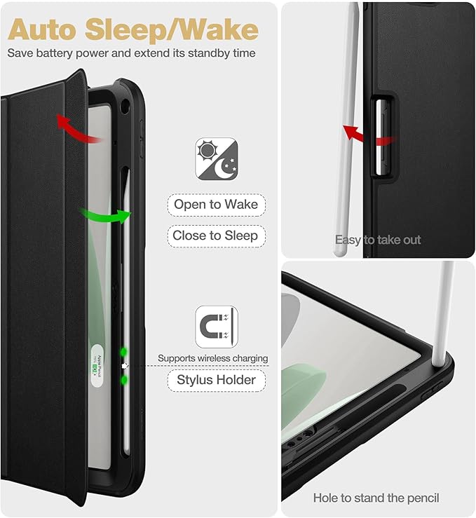 SURITCH for iPad 10th Generation Case 10.9 inches 2022 Built-in Screen Protector Apple Pencil Holder Magnet Tri-fold Stand Cover Auto Wake/Sleep Full Body Shockproof Protection Black