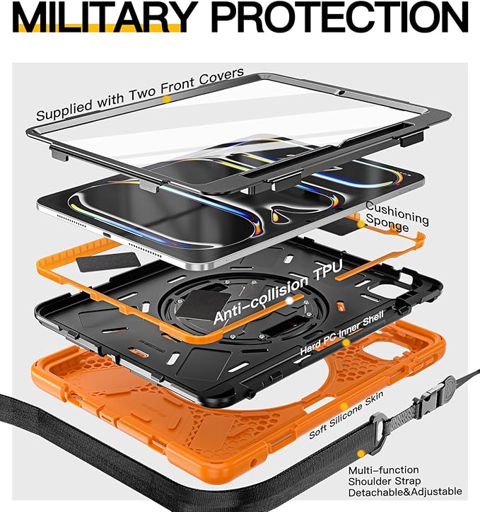 BRAECN Case for iPad Pro 11 inch M5 2025 &amp M4 2024 4 Layers Heavy Duty Full-Body Protection Screen Protector Pencil Holder 360° Rotating Handle Kickstand Shoulder Strap Kids Friendly