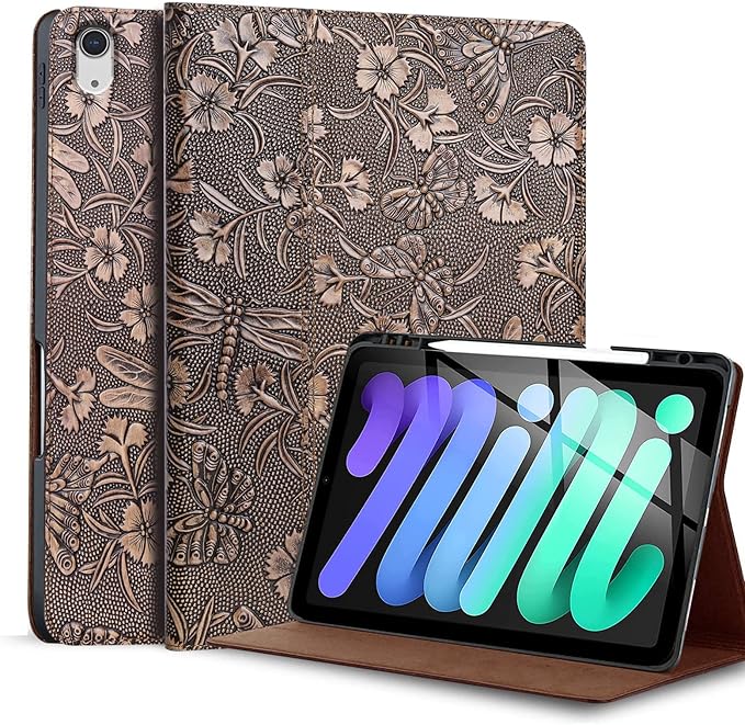 Gexmil Genuine Leather Case for iPad mini 7 (A17 Pro) 2024 / iPad mini 6 Generation 2021 8.3 InchPencil HolderShockproof Cowhide CoverAuto Sleep/WakePencil 2 Wireless ChargingButterfly Pattern
