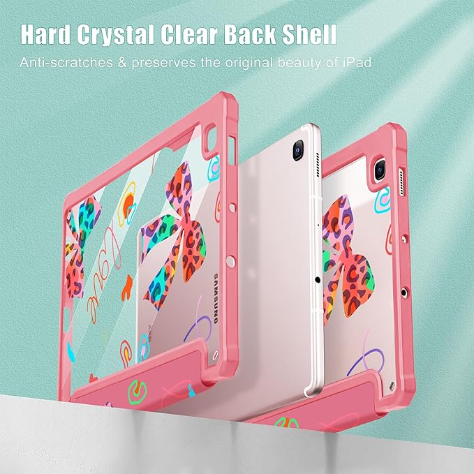 Mektron Case for Samsung Galaxy Tab S6 Lite 10.4 Inch 2024/2022/2020 with S Pen Holder Multi-Angle Viewing with Shockproof Cover Clear Shell + Trifold Stand + Auto Wake/Sleep Neon Bows-Red