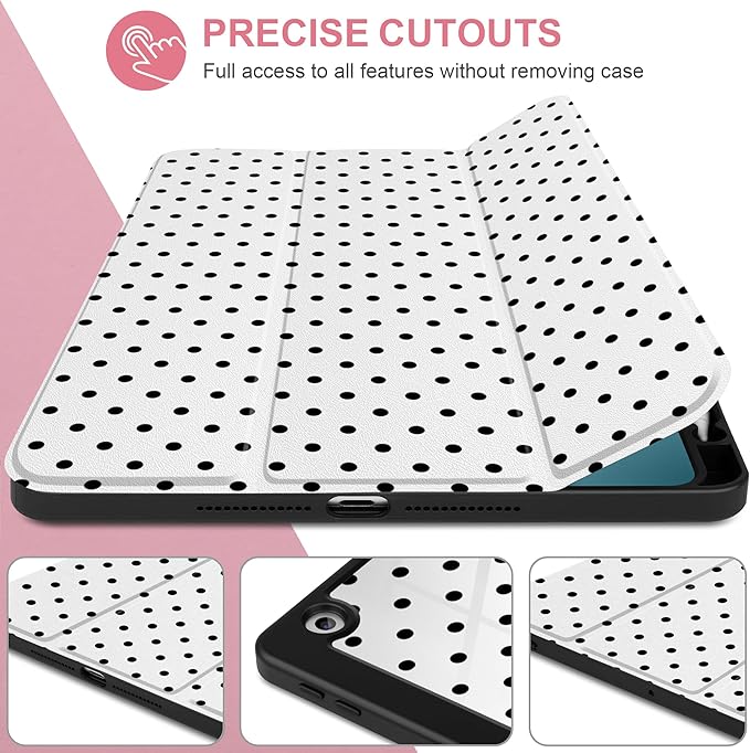 MEEgoodo Case for iPad 10.2 inchTablet Cases for iPad 9th Generation 2021/8th Gen 2020/7th Gen 2019 with Clear Acrylic Back Shell+Pencil Holder+Auto Wake/Sleep+Trifold Stand Poka Dot Black