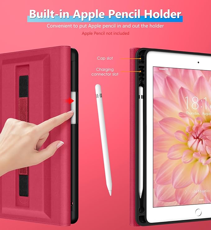 DTTO Rotating Case for iPad 6th / 5th Generation 9.7 Inch 2018/2017 iPad Air 2 / Air 1 Case 360 Degree Swiveling Premium Leather Folio Stand Cover with Pencil Holder-Auto Wake/Sleep Watermelon Red