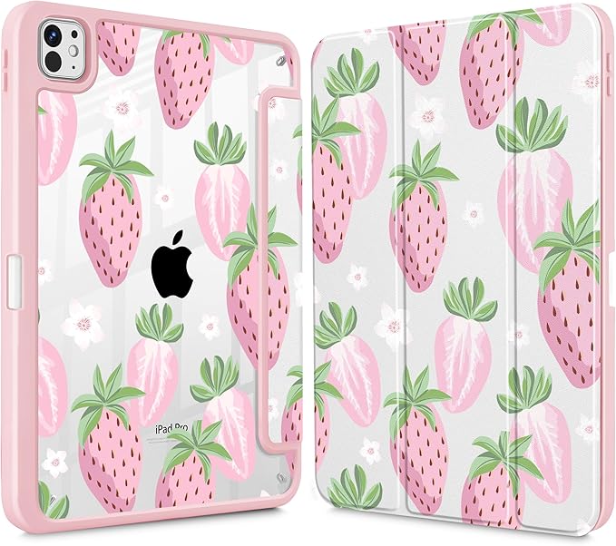 May Chen Case for iPad Pro 11-Inch M5/M4 2025/2024 (6th/5th Generation) [Penceil Holder] Trifold Stand Auto Wake/Sleep Clear TPU Protection Back Cover Strawberries