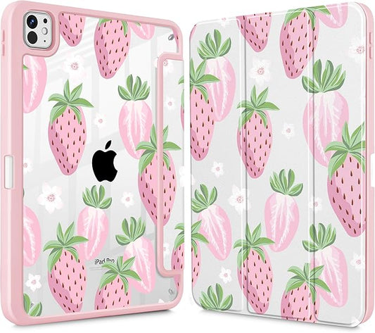 May Chen Case for iPad Pro 11-Inch M5/M4 2025/2024 (6th/5th Generation) [Penceil Holder] Trifold Stand Auto Wake/Sleep Clear TPU Protection Back Cover Strawberries