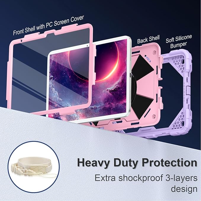 Case for iPad (A16) 11th Generation 11 Inch (2025) iPad 10th Generation Case 10.9 Inch (2022) Shockproof Cover with 360° Rotating Stand Screen Protector Pen Holder Shoulder Strap Purple Pink