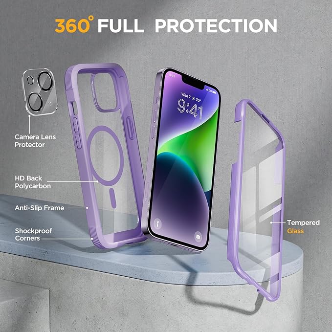 Miracase Magnetic for iPhone 14 Case 6.1 [Built-in Tempered Glass Screen Protector + Lens Protector] [Compatible with MagSafe] Full-Body Protective Bumper 14 Phone Cover Purple