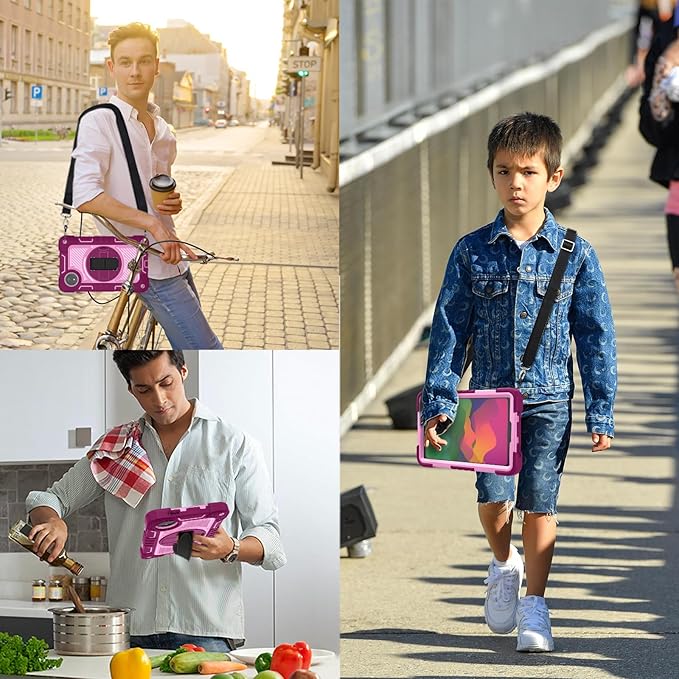 Tablet Case for Xiaomi Redmi Pad SE 8.7/Redmi Pad SE 4G in India Tablet Shockproof Cover with 360° Rotating Stand and Wrist Strap Shoulder StrapRed Rose+Pink