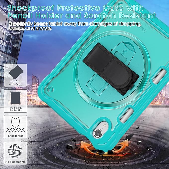 BRAECNstock Case for iPad mini 7 (A17 pro) 2024 &amp Mini 6 2021 8.3-inchShockproof Protective Cover with Pencil HolderScreen Protector360° Rotating Hand Strap/Stand-Light Blue