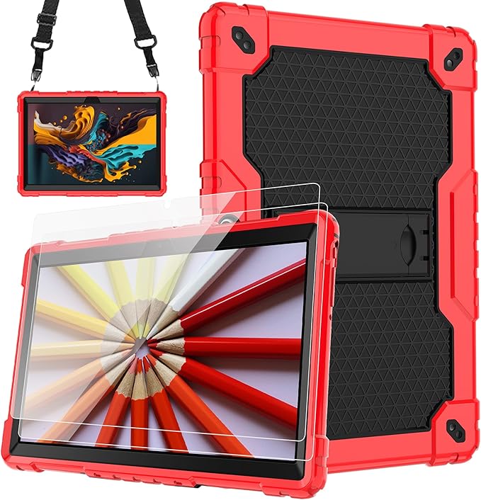 for Vankyo MatrixPad S10 Tab Case YQSAVIOR CUPEISI Coopers YQ10S VIVIMAGE A10 A38 BYANDBY BYYQ10S 10.1 Case Built in Kickstand Shoulder Strap Shell with Screen Protector (Red+Black/2 Pcs)