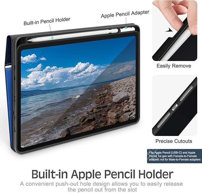 KingBlanc Case for iPad (A16) 11th Generation 11-inch 2025 iPad 10th Generation 10.9 2022 with Pencil Holder Vegan Leather Protective Stand Cover Auto Sleep Wake Multi-Angle Viewing/Typing Blue