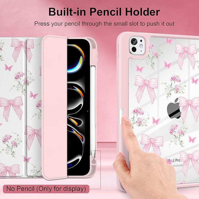 TWOLSKOO Case for iPad Pro 11-inch (M5 2025 / M4 2024) Clear Acrylic Back with TPU Bumper Pencil Holder Trifold Stand Auto Sleep/Wake Pink Gingham Bows