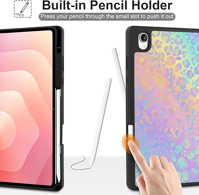 DONGKE Case for Samsung Galaxy Tab S11 5G 11 2025 Model (SM-X730/X736B) Slim Lightweight Trifold Stand Cover with S Pen Holder Auto Sleep/Wake Soft TPU Shockproof Back Colorful Leopard