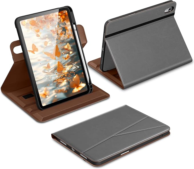DTTO for iPad A16 Case iPad 11th / 10th Generation Case (2025/2022) 360 Degree Rotating Premium Leather Folio Stand Cover with Pencil Holder Grey