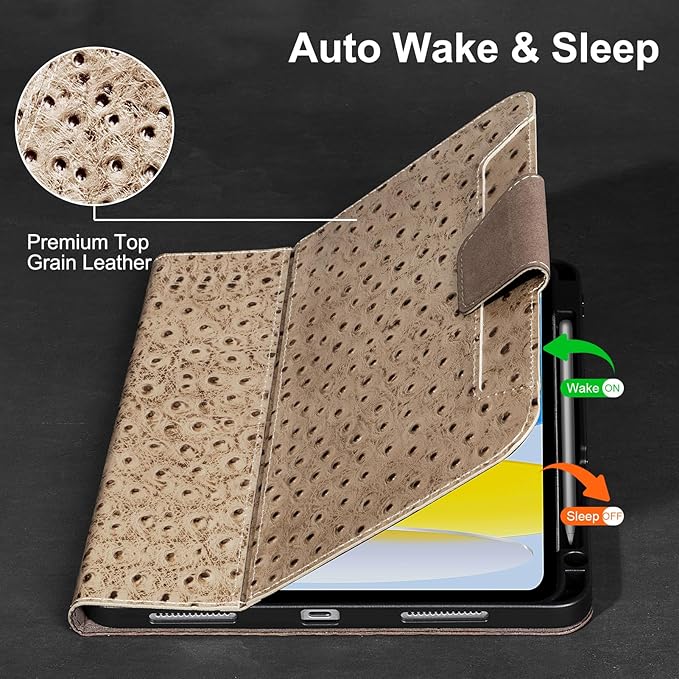 Gexmil Leather Case for iPad (A16) 11th Generation 11 Inch 2025 iPad 10th Generation 10.9 Inch 2022Protective Cover with Pencil HolderMagnetic ClosureAuto Sleep/WakeKhaki