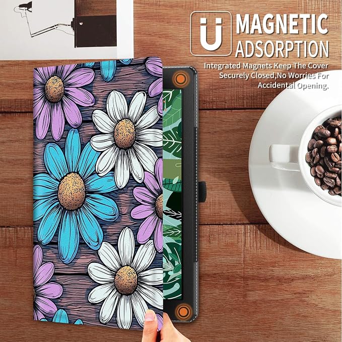 Purple Blue White Daisy on Wood