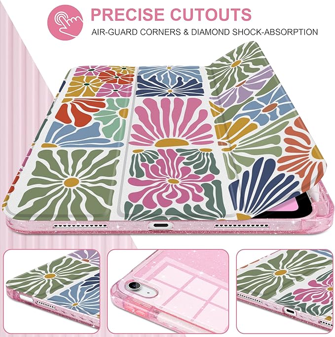 TWOLSKOO Sparkly Case for iPad Pro 11 inch (M5 2025 / M4 2024) Glitter Hard Acrylic Back with Pencil Holder Slim Trifold Stand Folio Cover Auto Sleep/Wake Vibrant Florals