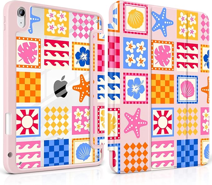 Case for iPad A16 11th Generation 11 inch 2025 iPad 10th Generation 10.9 inch 2022 -[Built-in Pencil Holder] Shockproof Clear Hard Back Trifold Stand Auto Wake/Sleep Beach Fun