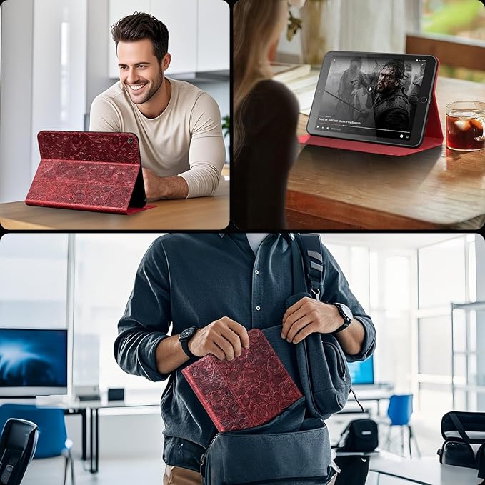 Gexmil Leather Case for iPad 10.2 Inch 9th/8th/7th Gen 2021/2020/2019Premium Cowhide Folio Cover with Auto Wake/SleepAdjustable Stand Anti FingerprintFloral Red