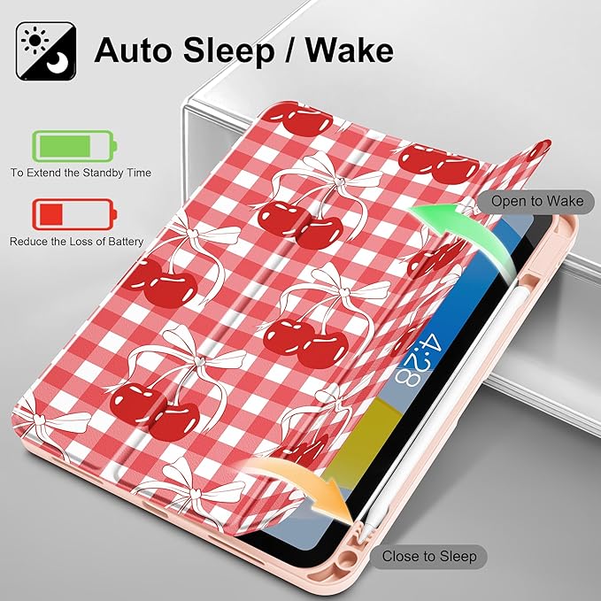 May Chen for iPad (A16) 11th Generation Case 11 Inch 2025 iPad 10th Gen Case 2022 10.9 inch Trifold Stand with Auto Wake/Sleep Soft TPU Protective Stand Back Cover Cherry Bow