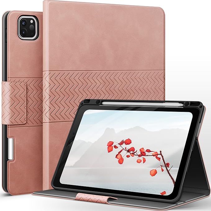 auaua Case for iPad Pro 12.9 6th/5th/4th/3rd Generation 2022/2021/2020/2018 Slim Durable Leather Stand Cover with Pencil Holder Auto Sleep/Wake (Pink)